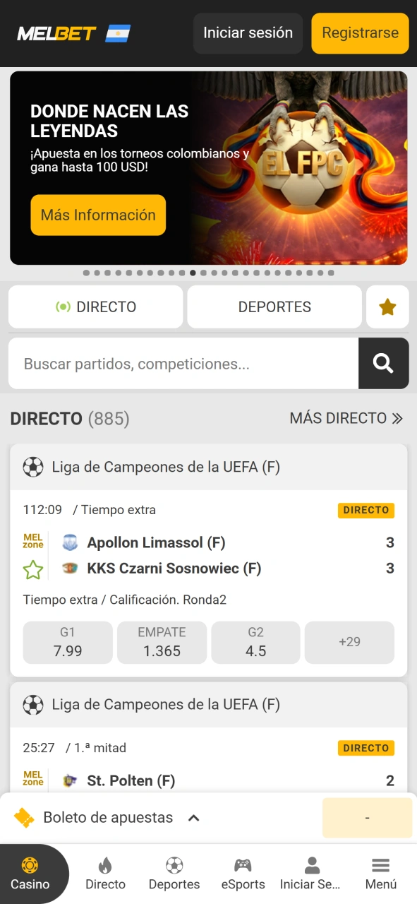 Explora la pantalla principal de apuestas en Melbet oficial Argentina.