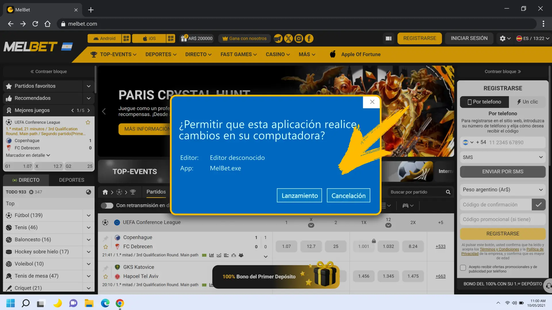 Otorga los permisos necesarios para instalar Melbet oficial en Windows.