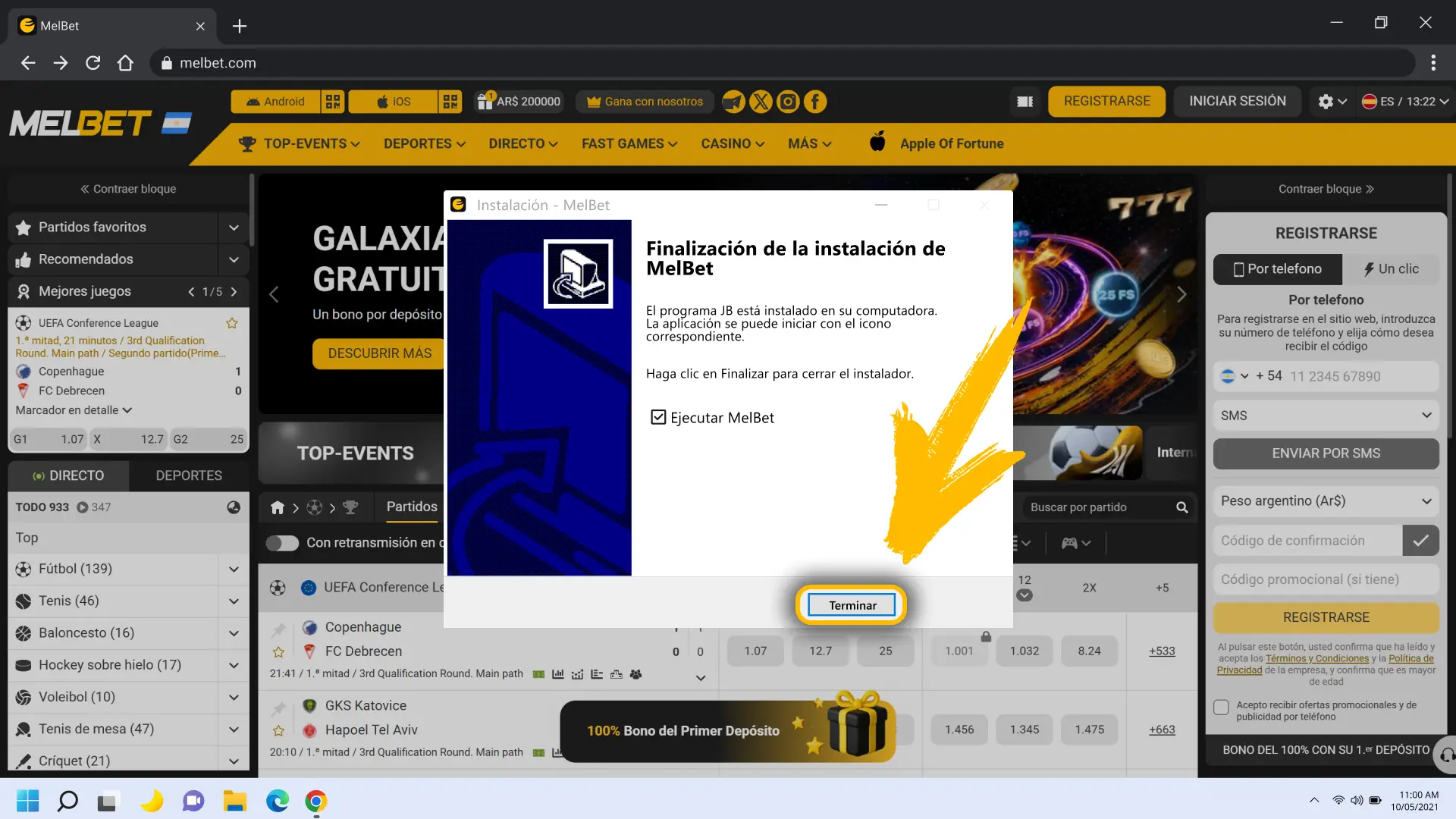 Finaliza la instalación automática de la app Melbet oficial Argentina.
