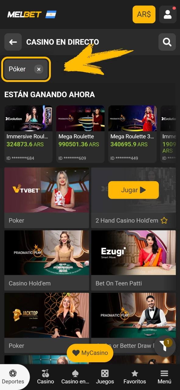 Entra al lobby de póker online dentro de Melbet oficial.