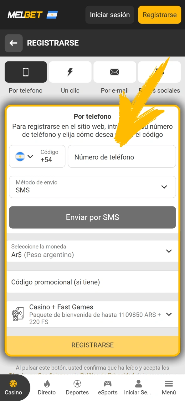 Crea tu cuenta de usuario para jugar en Melbet oficial.