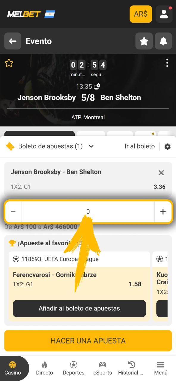 Ingresa el monto en pesos para apostar en Melbet oficial.