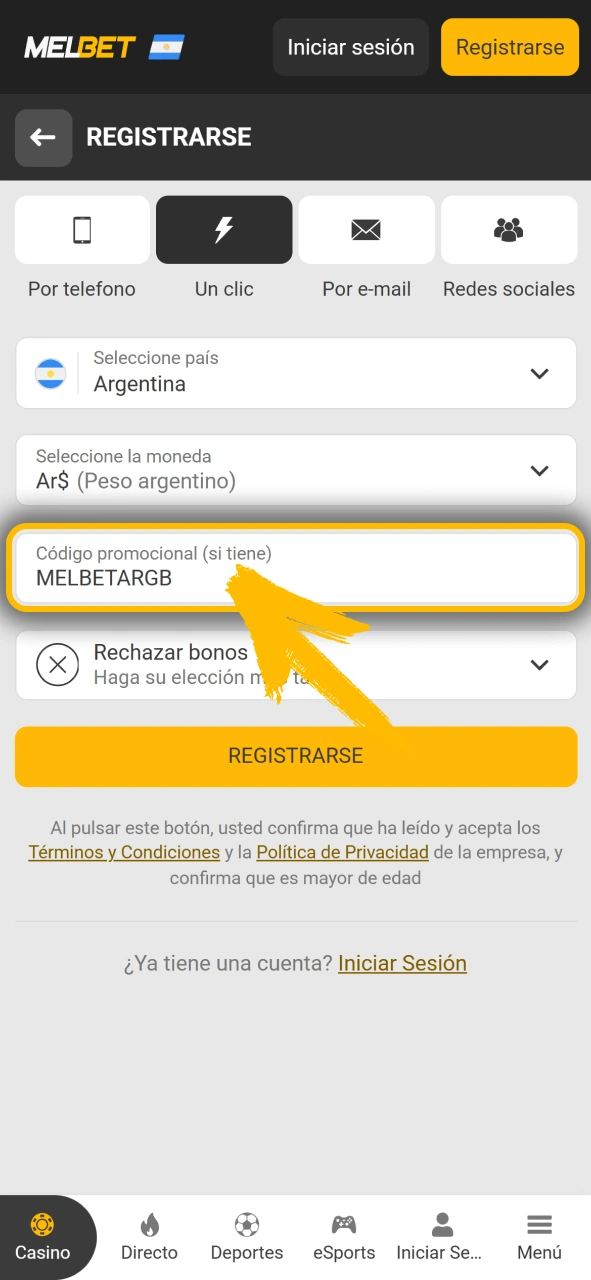 Introduce tu código promocional para activar bonos en Melbet oficial.
