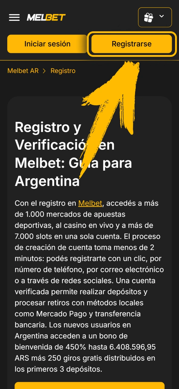 Presiona el botón para abrir tu cuenta en Melbet oficial.