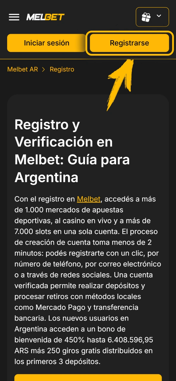 Presiona el botón para abrir tu cuenta en Melbet oficial.