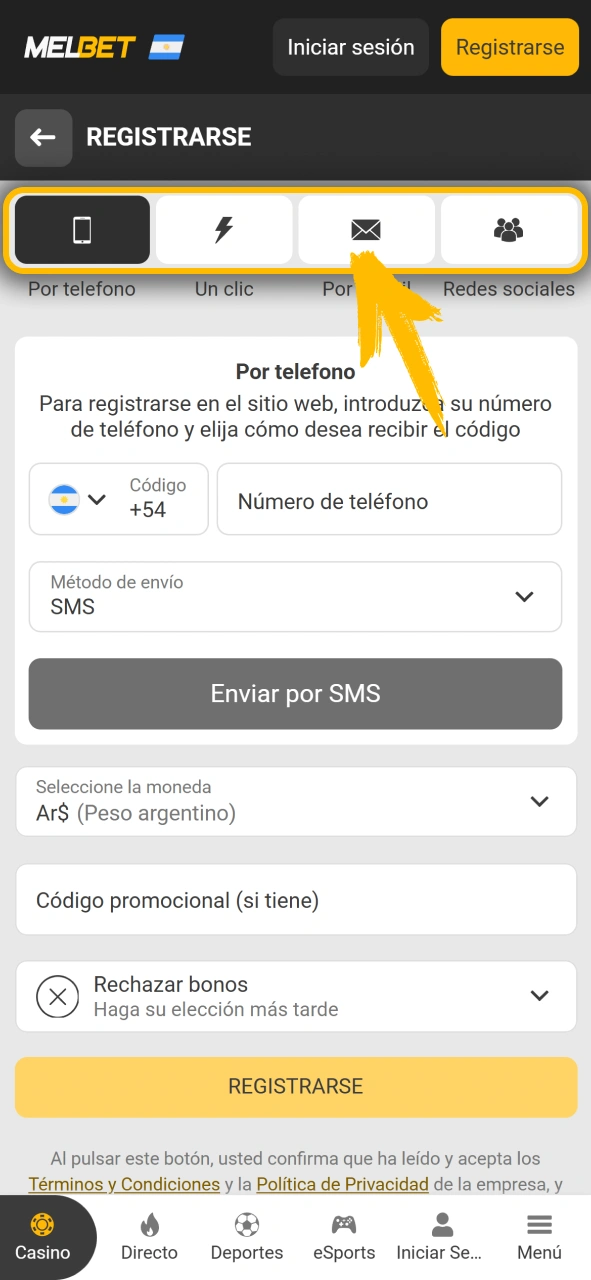 Elige la forma para crear tu cuenta en Melbet oficial.