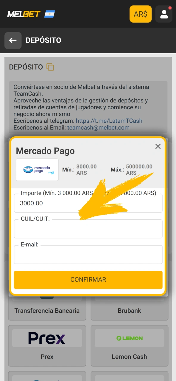 Recarga dinero real mediante la plataforma de Melbet oficial Argentina.